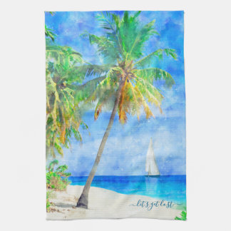 Tropical Island Palm Tree Sailboat Tea Towel