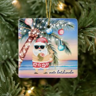 Tropical Island Palm Tree & Santa Christmas Ceramic Ornament