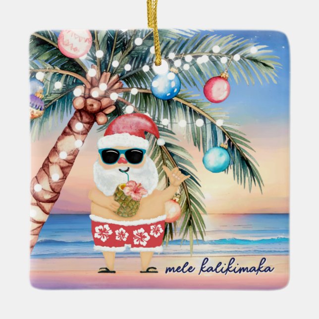 Tropical Island Palm Tree & Santa Christmas Ceramic Ornament (Front)