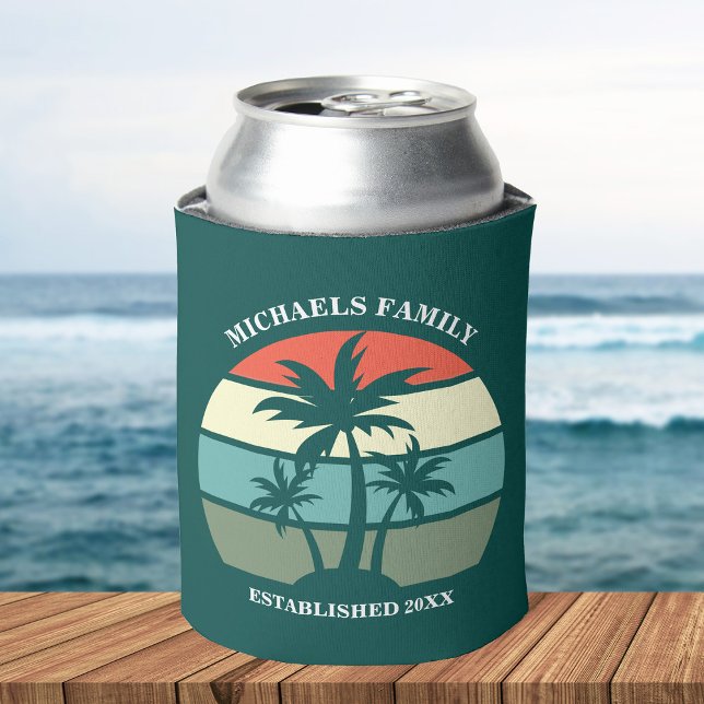 Tropical Island Palm Tree Sunset Beach Party Teal Can Cooler (Creator Uploaded)