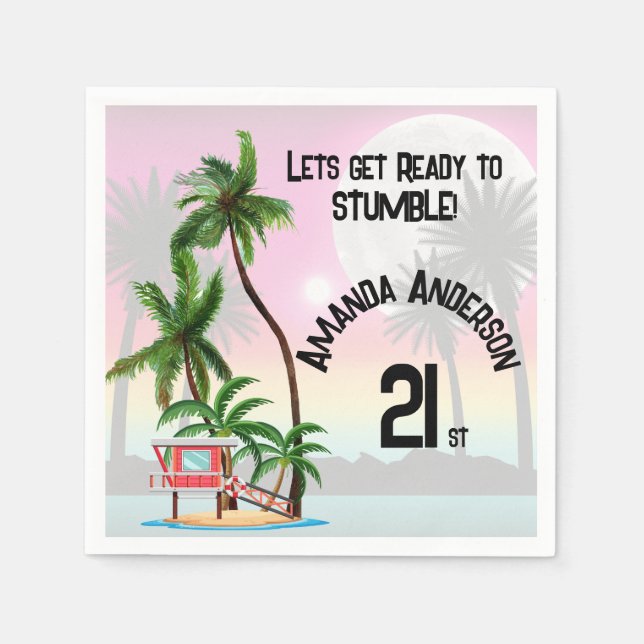 Tropical Island Palm Tree Sunset Invitation Napkin (Front)