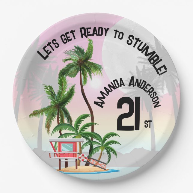 Tropical Island Palm Tree Sunset Invitation Paper Plate (Front)