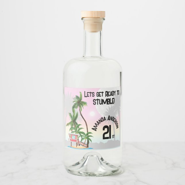 Tropical Island Palm Tree Sunset  Liquor Bottle Label (Front)