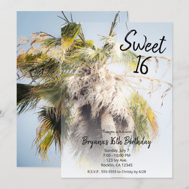 Tropical Island Palm Tree Sweet 16 Birthday Party  Invitation (Front/Back)