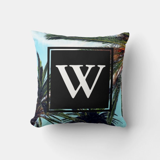 Tropical Island Palm Trees & Initial Letter Cushion (Front)