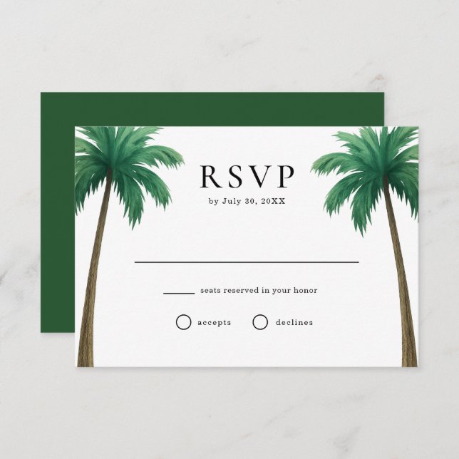 Tropical Island Palm Trees Minimal Beach Wedding RSVP Card (Front/Back)