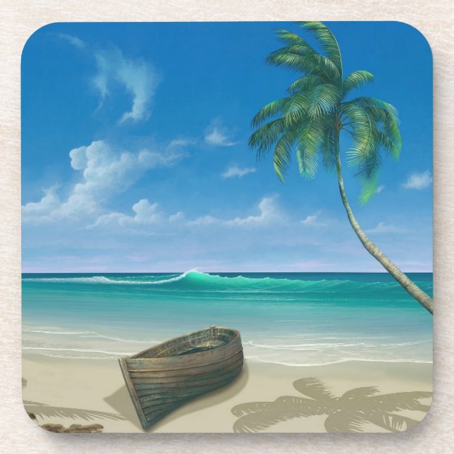 Tropical Island Paradise Boat on Sandy Beach Coaster (Front)