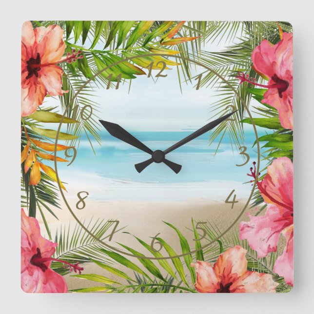 Tropical Island Paradise Palms | Hibiscus Flowers Square Wall Clock (Front)