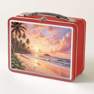 Tropical Island Paradise & Sunset Vibrant Rainbow Metal Lunch Box