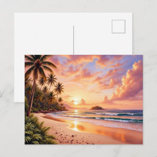 Tropical Island Paradise & Sunset Vibrant Rainbow Postcard