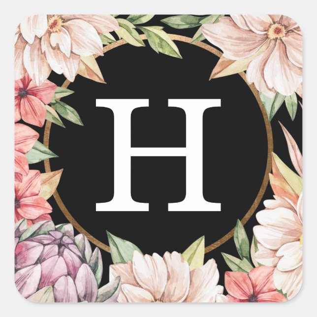 Tropical Island Pastel Floral Wedding Monogram Squ Square Sticker (Front)