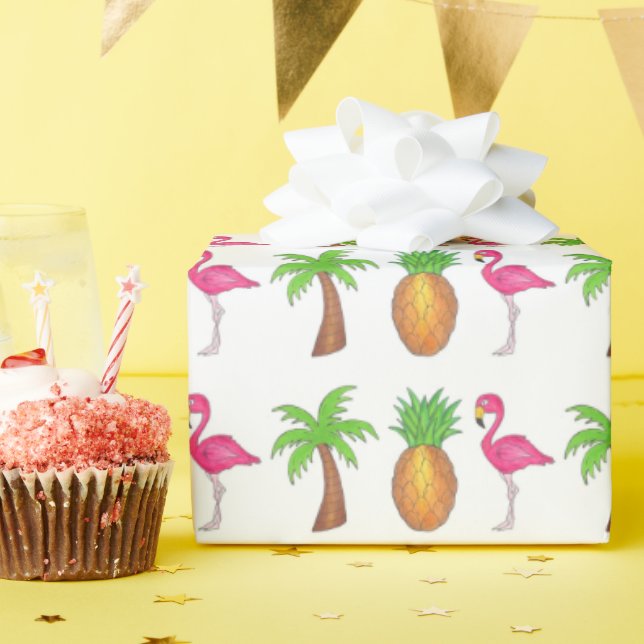 Tropical Island Pineapple Flamingo Palm Tree Beach Wrapping Paper (Birthday Party)