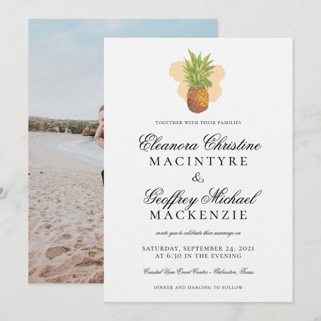Tropical Island Pineapple Watercolor Photo Wedding Invitation (Front/Back)