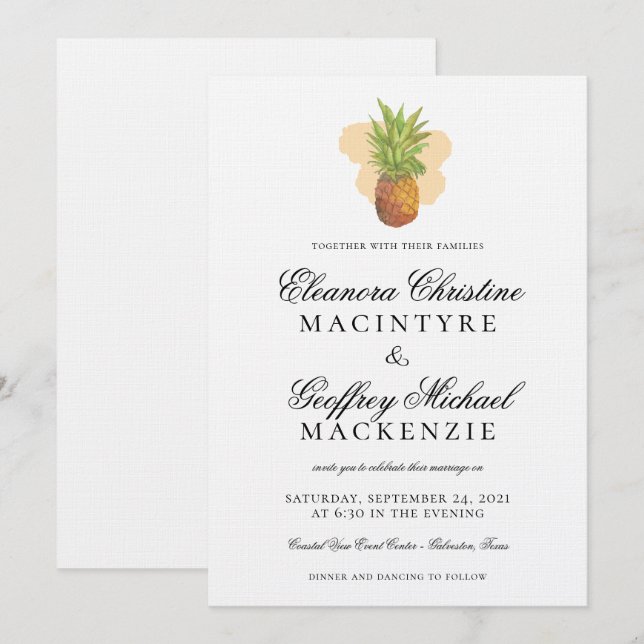 Tropical Island Pineapple Watercolor Wedding Invitation (Front/Back)