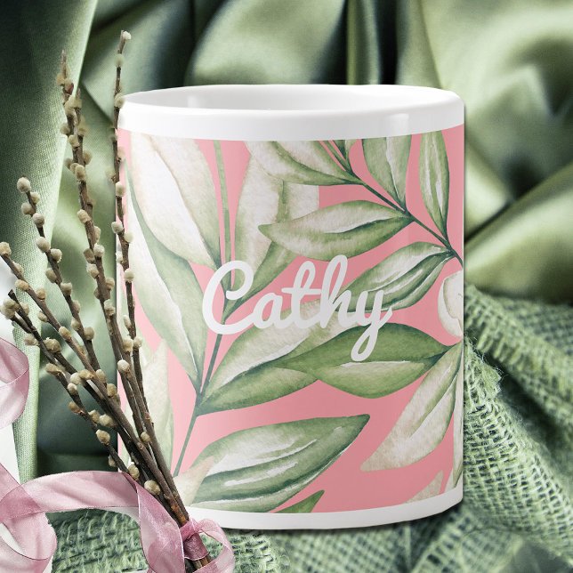 Tropical Island Pink, Blush, Green Floral  Large Coffee Mug (Creator Uploaded)