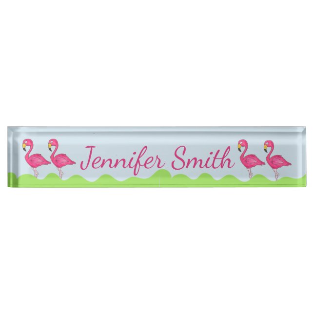 Tropical Island Pink Flamingo Bird Green Grass Nameplate (Front)