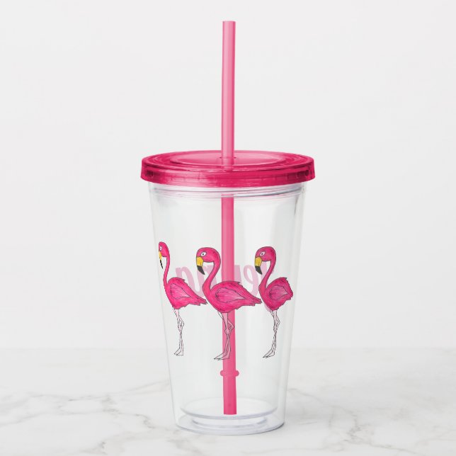 Tropical Island Pink Flamingo Bird Personalised Acrylic Tumbler (Front)