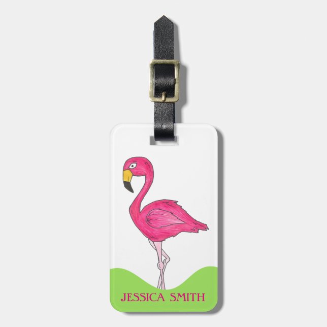 Tropical Island Pink Flamingo Bird Personalised Luggage Tag (Front Vertical)