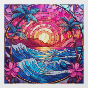 Tropical island pink sunset Stained glass art Window Cling