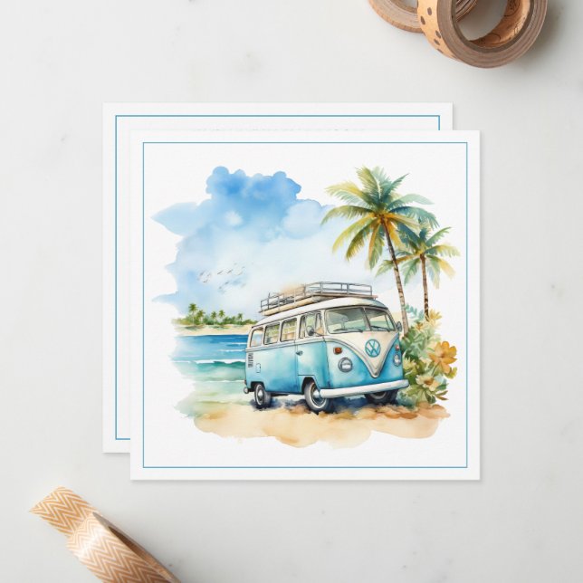 Tropical Island Retro Blue Bus  Card (Front/Back In Situ)