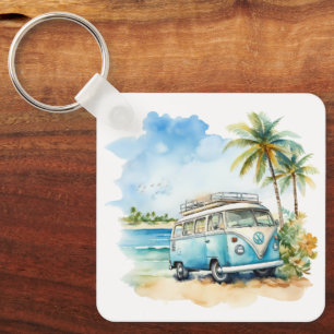 Tropical Island Retro Blue Bus  Key Ring