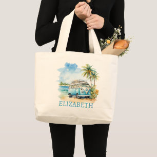 Tropical Island Retro Blue Bus  Large Tote Bag