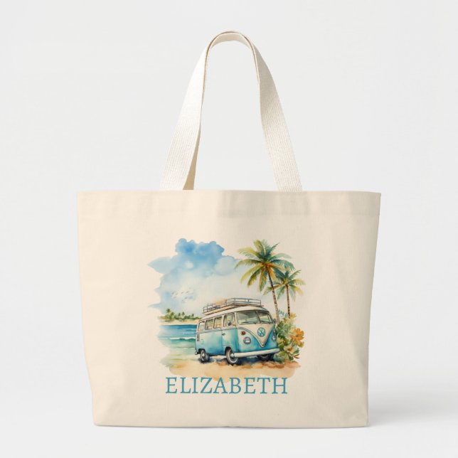 Tropical Island Retro Blue Bus  Large Tote Bag (Front)