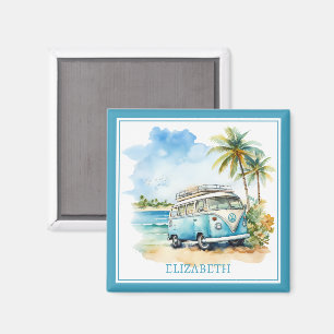 Tropical Island Retro Blue Bus Magnet