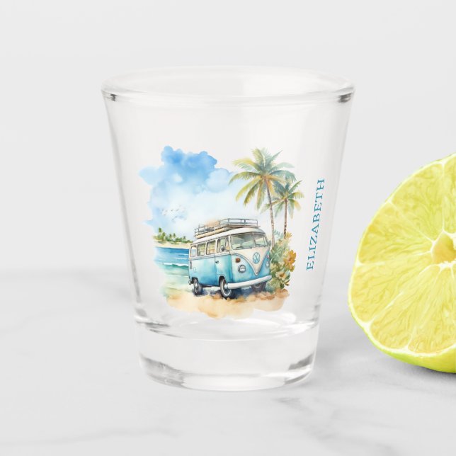 Tropical Island Retro Blue Bus  Shot Glass (Front)