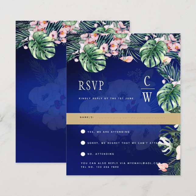 Tropical Island Royal Blue Flowers Leaves Wedding (Front/Back)