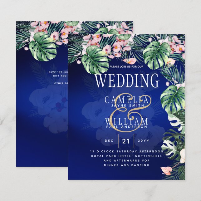 Tropical Island Royal Blue Flowers Leaves Wedding (Front/Back)