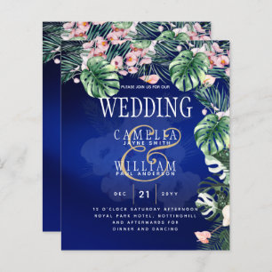 Tropical Island Royal Blue Flowers Leaves Wedding