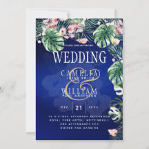 Tropical Island Royal Blue Flowers Leaves Wedding