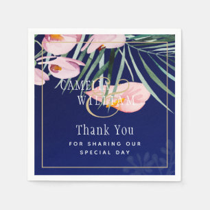 Tropical Island Royal Blue Flowers Leaves Wedding Napkin