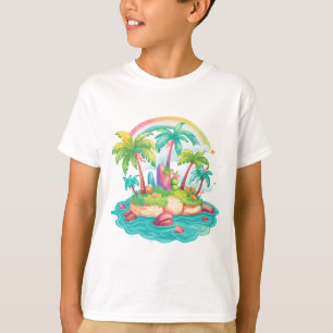 Tropical Island Scene – Palm Trees with Rainbow  T-Shirt