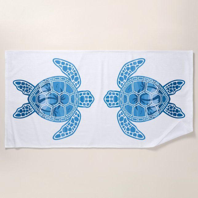 Tropical Island Sea Turtle Design in Blue Beach Towel (Front)