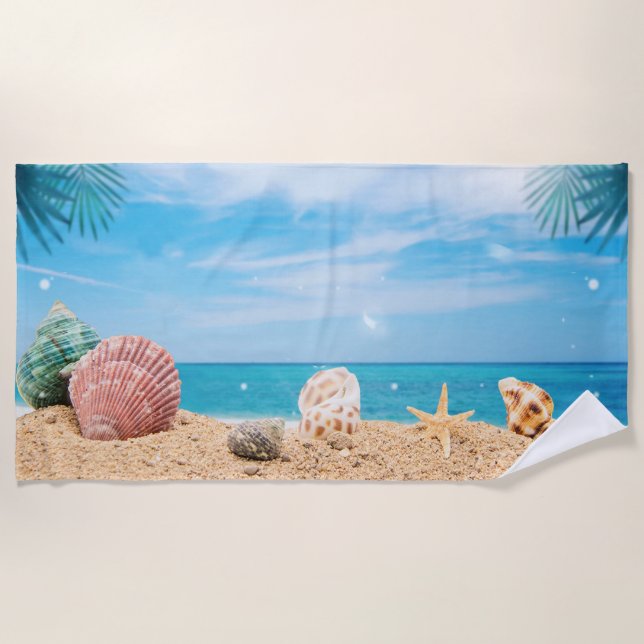 Tropical Island Seashells Turquoise Water  Beach Towel (Front)