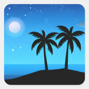 Tropical Island Silhouette with Moon and Stars Square Sticker
