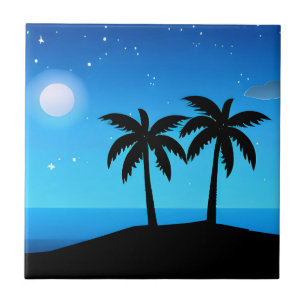 Tropical Island Silhouette with Moon and Stars Tile