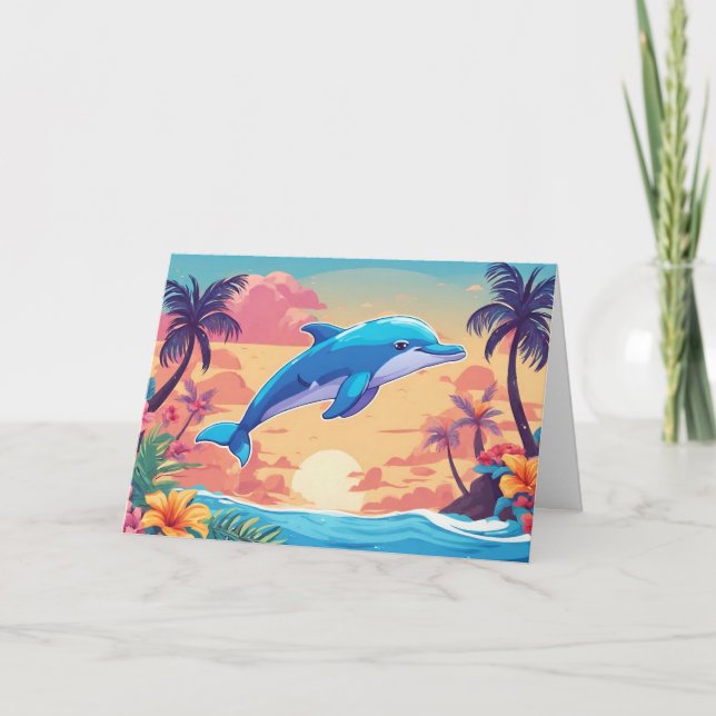 Tropical Island Sunset and Dolphin  Card (Front)