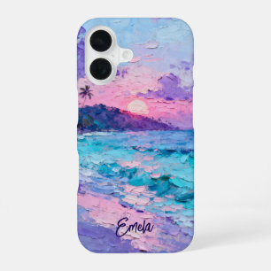 Tropical Island Sunset Landscape w/ Name iPhone 16 Case