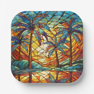 Tropical island sunset stained glass paper plate