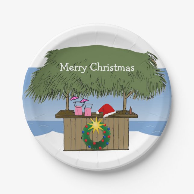 Tropical Island Tiki Hut Bar Merry Christmas Paper Plate (Front)