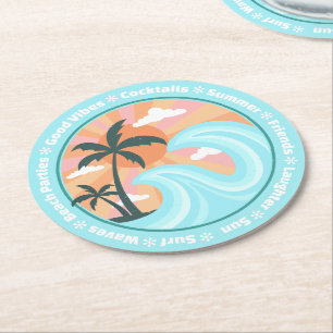 Tropical Island Vibes Motif Round Paper Coaster