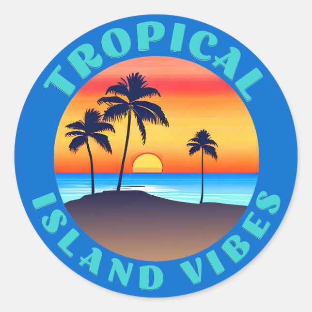 Tropical Island Vibes, Sunset with Palm Trees Classic Round Sticker (Front)