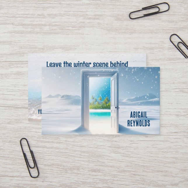 Tropical Island View In Winter's Door Business Card (Front/Back In Situ)