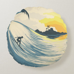 Tropical island wave and surfer at sunset round cushion