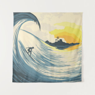 Tropical island wave and surfer at sunset tapestry
