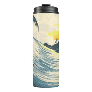 Tropical island wave and surfer at sunset thermal tumbler