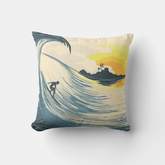 Tropical island, wave, surfer sunset. cushion (Front)